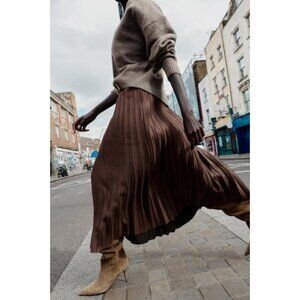 ZARA BELTED FAUX SUEDE EFFECT PLEATED MIDI SKIRT